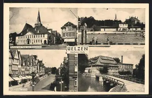 AK Uelzen, Strasse, Rathaus und Turm der Marienkirche, Sommerbad und Aussenmühle