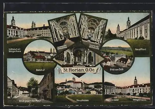 AK St. Florian /O.-Oe., Stiftskirche, Stiftshof mit Stiegenhaus, Marmorsaal, Marienkapelle