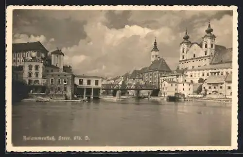 AK Steyr /Ob. D., Zusammenfluss mit Brücke