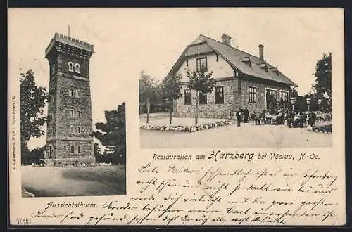 AK Vöslau /N.-Oe., Gasthaus Restaurantion am Harzberg, mit Versammlung und Aussichtsturm