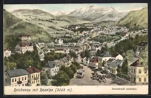 Künstler-AK Reichenau, Ortsansicht mit Hauptstrasse und Raxalpe aus der Vogelschau