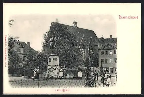 AK Braunschweig, Lessingplatz mit Denkmal