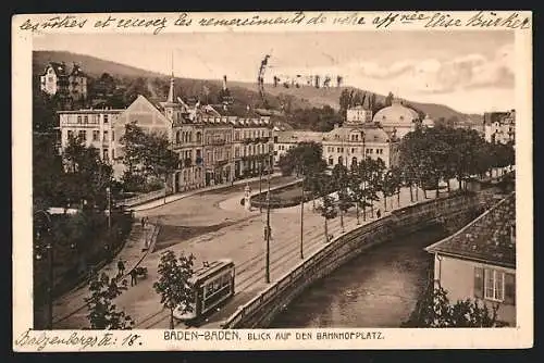 AK Baden-Baden, Strassenbahn am Bahnhofplatz