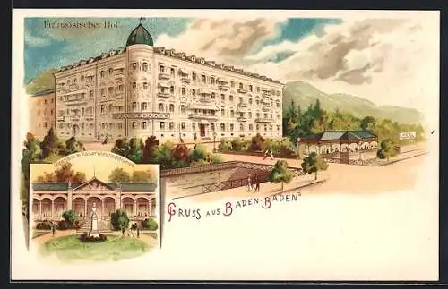 Lithographie Baden-Baden, Hotel Französischer Hof, Trinkhalle