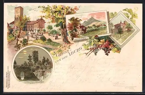 Lithographie Baden-Baden, Gasthaus zur Yburg, Ruine, Blick auf Neuweier