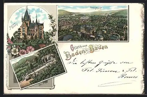 Lithographie Baden-Baden, Totalansicht, Schloss Soloms, Das Echo