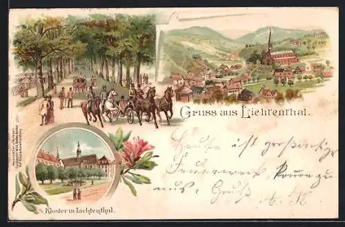 Lithographie Lichtental, Kloster, Ausflügler und Kutschen auf der Allee