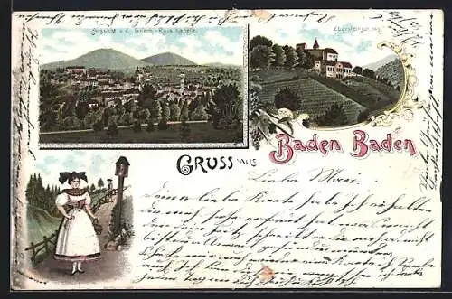 Lithographie Baden-Baden, Aussicht v. u. Griech-Russ. Kapelle, Ebersteinschloss, Frau in Tracht