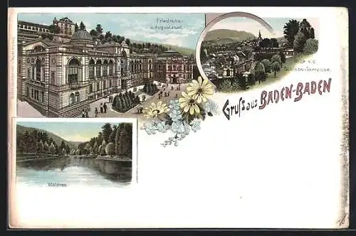 Lithographie Baden-Baden, Friedrichs- und Augustabad, Blick von der Schloss-Terrasse, Waldsee