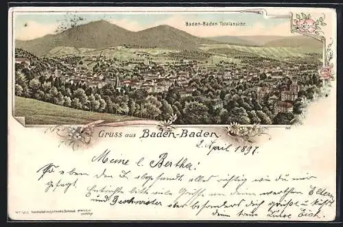 Lithographie Baden-Baden, Totalansicht gegen die Berge