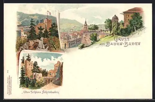 Lithographie Baden-Baden, Altes Schloss Hohenbaden, Neues Schloss