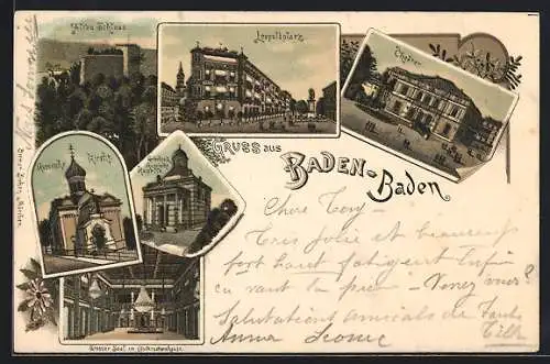 Lithographie Baden-Baden, Altes Schloss, Griechische Russische Kapelle, Altes Schloss, Leopoldplatz