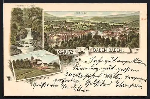 Lithographie Baden Baden, Schloss Eberstein, Geroldsauer Wasserfall