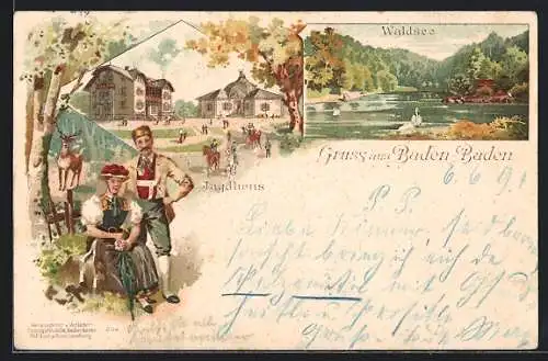 Lithographie Baden-Baden, Gasthaus Jagdhaus, Waldsee, Paar in Trachten