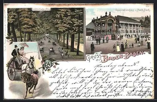 Lithographie Baden-Baden, Lichtenthaler Allee, Conversationshaus und Musik Kiosk