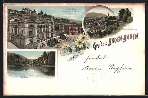 Lithographie Baden-Baden, Friedrichs- und Augustabad, Blick von der Schloss-Terrasse, Waldsee