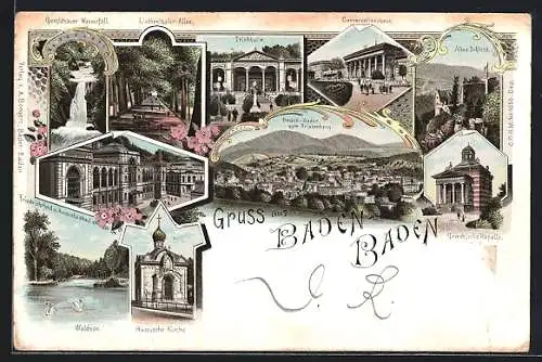 Lithographie Baden Baden, Russische Kirche, Trinkhalle, Conversationshaus, Altes Schloss