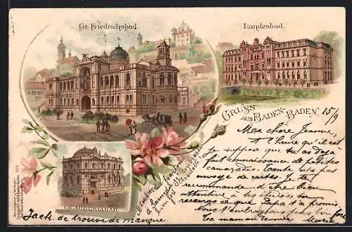 Lithographie Baden-Baden, Gr. Friedrichsbad, Gr. Augustabad, Landesbad, Blumenverzierung