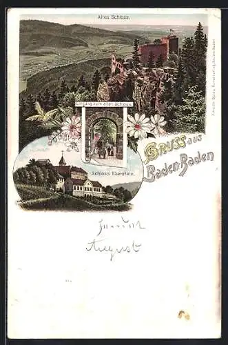 Lithographie Baden-Baden, Schloss Eberstein, Altes Schloss, Eingang zum alten Schloss