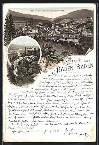 Vorläufer-Lithographie Baden-Baden, 1894, Ortsansicht von Schloss Solms, altes Schloss