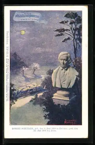 Künstler-AK Philipp + Kramer Nr. XXVII /4: Büste des Komponisten Robert Schumann, Nächtliche Landschaft