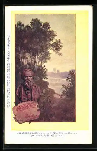 Künstler-AK Philipp + Kramer Nr. XXVII /9: Büste des Komponisten Johannes Brahms, Flusslandschaft