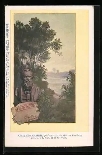 Künstler-AK Philipp + Kramer Nr. XXVII /9: Büste des Komponisten Johannes Brahms, Flusslandschaft