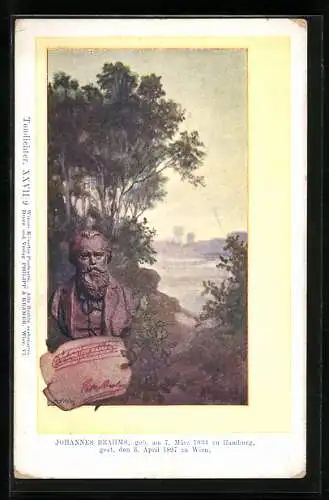 Künstler-AK Philipp + Kramer Nr. XXVII /9: Büste des Komponisten Johannes Brahms, Flusslandschaft