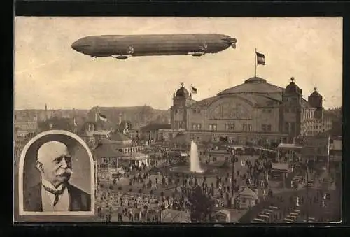 AK Frankfurt a. M., Internationale Luftschiffahrt-Ausstellung, Festhalle und Zeppelin mit Portrait