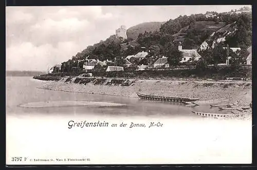 AK Greifenstein an der Donau, Ortsansicht mit Booten