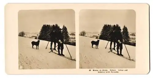 Stereo-Fotografie NPG, Berlin, Winter im Allgäu, Skilehrer Schüler beim ersten Versich, Skikurs