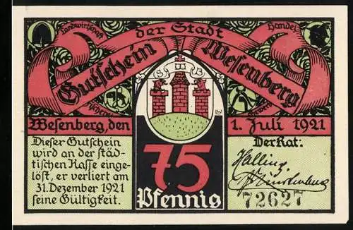 Notgeld Wesenberg, 1921, 75 Pfennig, Gutschein der Stadt mit Burgillustration