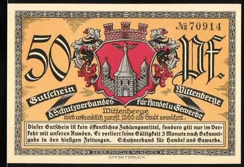 Notgeld Wittenberge, 50 Pf., Gutschein des Schutzverbandes für Handel und Gewerbe, Lyceum Gebäudeabbildung