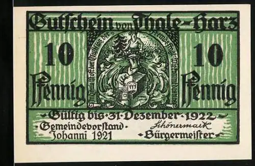 Notgeld Thale / Harz 1921, 10 Pfennig, Gutschein mit Wappensiegel und Schlucht