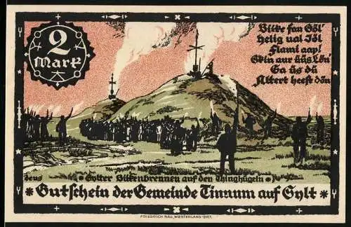 Notgeld Tinnum / Sylt, 1921, 2 Mark, Götter Bildenbrennen auf den Thinghügeln