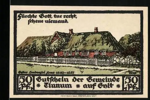 Notgeld Tinnum, 50 Pfennig, Gutschein der Gemeinde Tinnum auf Sylt, farbiges Bauernhausmotiv