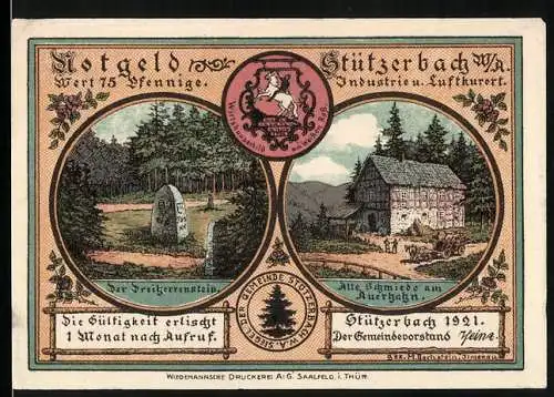 Notgeld Stützerbach 1921, 75 Pfennig, Dreiherrenstein und Alte Schmiede - Runkelrüben und Blasrohr-Vogelschiessen