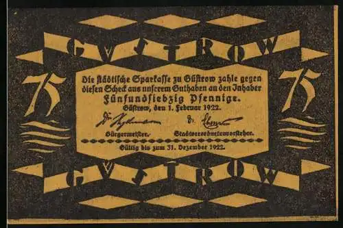 Notgeld Güstrow, 1922, 75 Pfennig, Schlossillustration