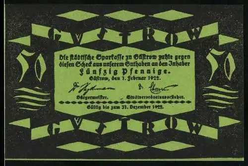 Notgeld Güstrow 1922, 50 Pfennig, grün-schwarzes Design mit Rathaus-Abbildung