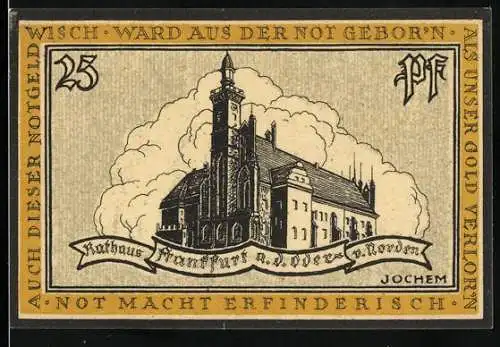 Notgeld Frankfurt a.O., 25 Pfennig, Rathaus mit Schriftzug und Wappen