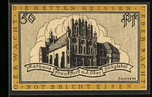 Notgeld Frankfurt an der Oder, 50 Pfennig, Rathaus mit gotischer Architektur und Stadtwappen der Haupt- und Handelsstadt