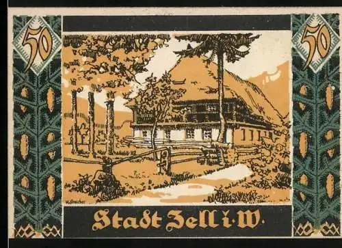 Notgeld Zell i. W., 1921, 50 Pfennig, historisches Gebäude und kunstvolles Design