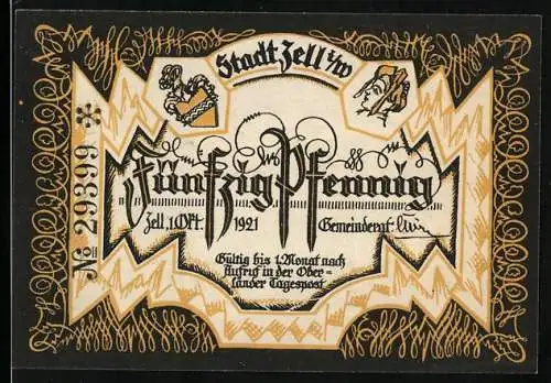 Notgeld Zell im Wiesental, 1921, 50 Pfennig, Verzierte Vorderseite mit Schriftzug und Landschaft auf der Rückseite