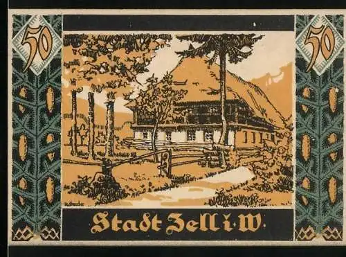 Notgeld Zell i.W., 1921, 50 Pfennig, Gebäude mit Bäumen und Rückseite mit Ornamenten