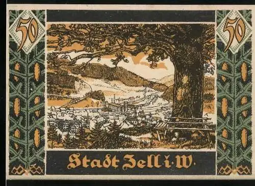 Notgeld Zell i.W., 1921, 50 Pfennig, Stadtansicht und kunstvolle Verzierungen