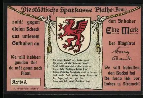 Notgeld Plathe 1921, 1 Mark, Stadtsparkasse Plathe, Blücher-Ruine