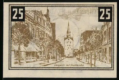 Notgeld Wunstorf, 1922, 25 Pfennig, Langestrasse mit Stadtkirche und Stadtwappen