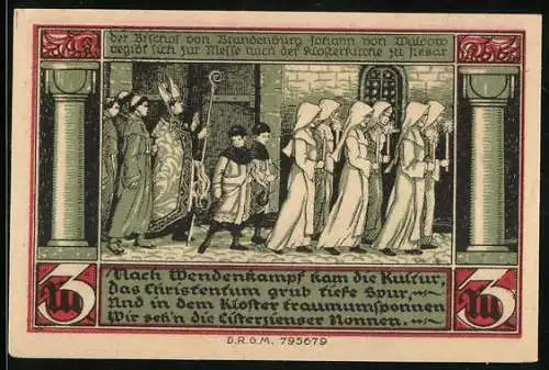 Notgeld Ziesar, 3 Mark, 1921, Klosternonnen nach dem Wendenkampf, Stadtansichten & Wappen