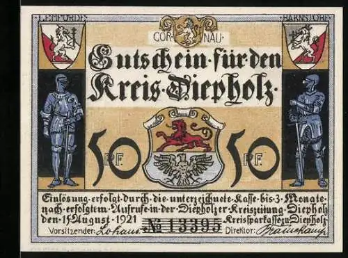 Notgeld Diepholz, 1921, 50 Pf, Ritter und Wappen, Schloss mit Gedicht