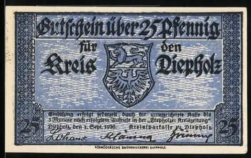 Notgeld Diepholz 1920, 25 Pfennig, Blaues Wappen und Hausabbildung